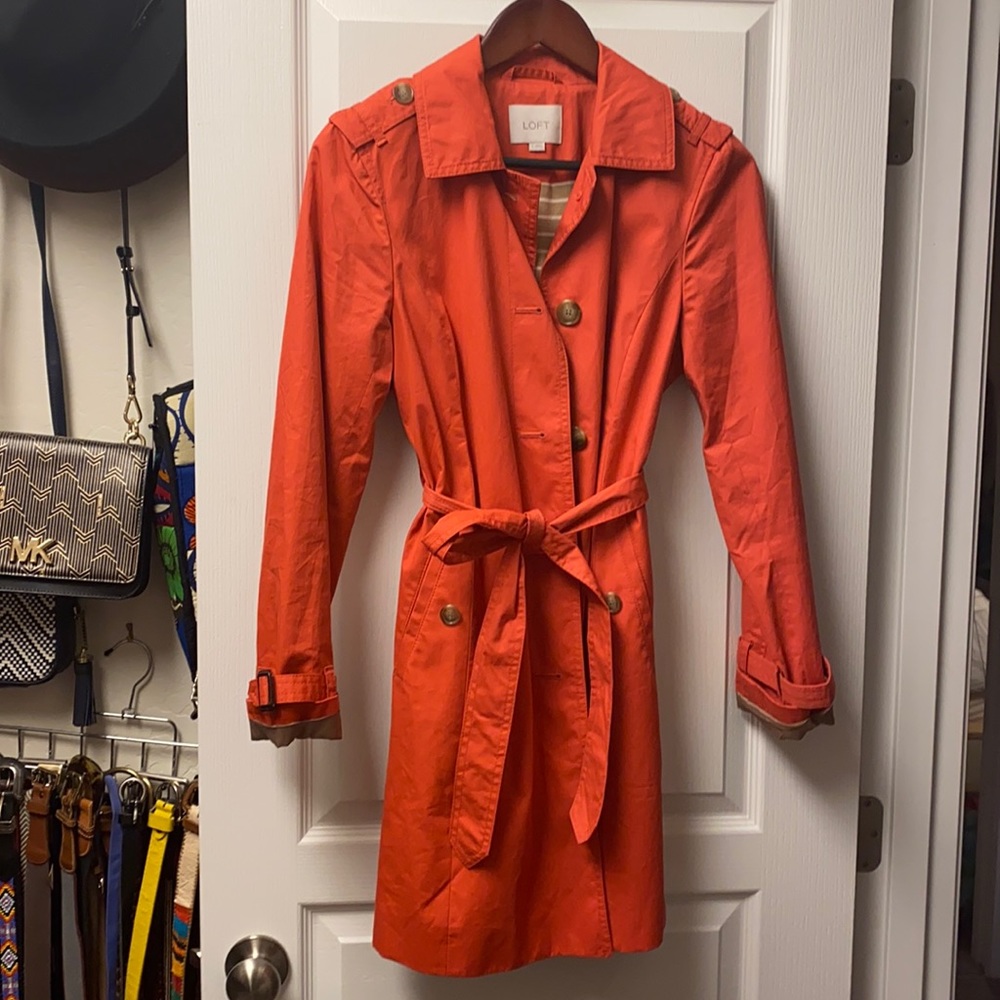 Orange Loft coat with beige striped lining